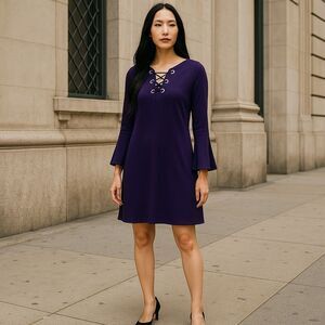 Michael Kors Women's Purple Lace Up Bell Sleeve Dress Size XS New With Tags